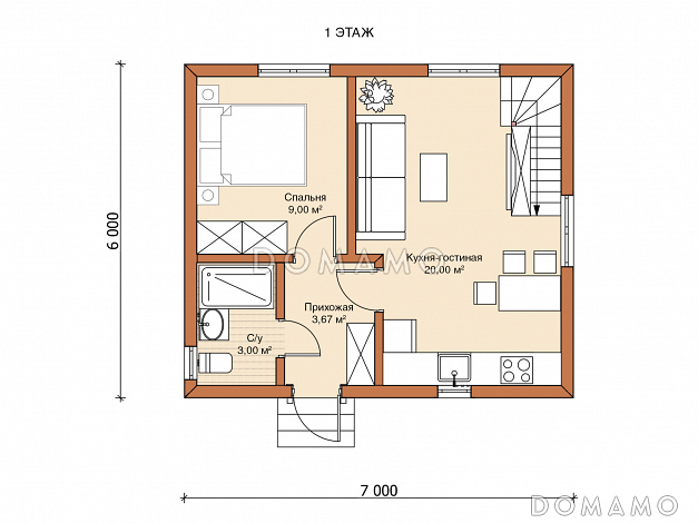 Двухэтажный дом 6х7 «Осло» / План 1 этажа