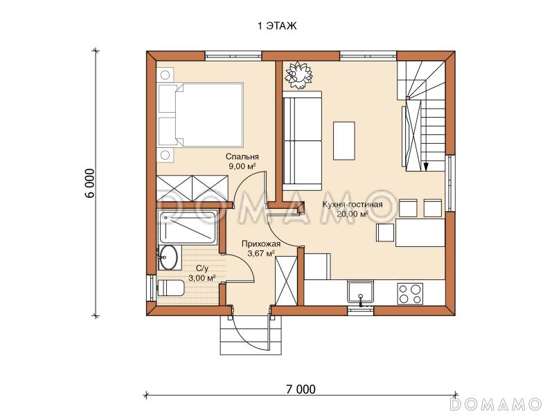 Двухэтажный дом 6х7 «Осло» / План 1 этажа
