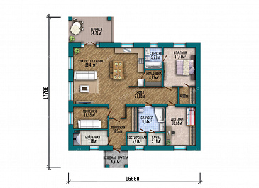 Проект одноэтажного дома с мастер-спальней, просторной кухней-гостиной, сауной и постирочной / План 1 этажа Проект одноэтажного дома с мастер-спальней, просторной кухней-гостиной, сауной и постирочной / План 1 этажа