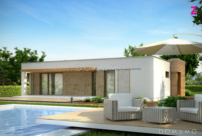 Проект одноэтажного дома из газобетона с плоской крышей с тремя спальнями