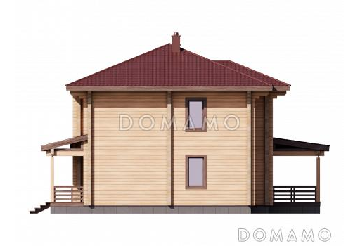 Проект двухэтажного дома из бруса с кабинетом, 4 спальнями и большой гардеробной у входа / Фасад 4