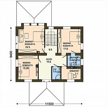 Проект двухэтажного коттеджа с панорамным остеклением на террасу и со вставками красного кирпича / План 2 этажа Проект двухэтажного коттеджа с панорамным остеклением на террасу и со вставками красного кирпича / План 2 этажа