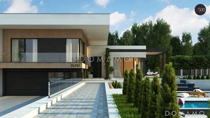 Проект современного двухэтажного дома из кирпича с подземным гаражом и террасой на втором уровне Проект современного двухэтажного дома из кирпича с подземным гаражом и террасой на втором уровне