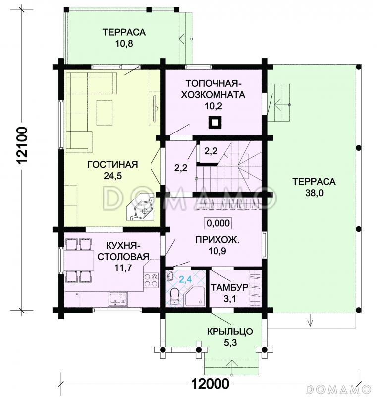 Проект деревянного дома с навесом для автомобиля / План 1 этажа