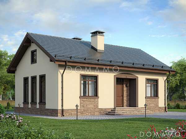 Проект дома с крыльцом со ступеньками, двумя спальнями, гостиной с кухней-столовой Проект дома с крыльцом со ступеньками, двумя спальнями, гостиной с кухней-столовой