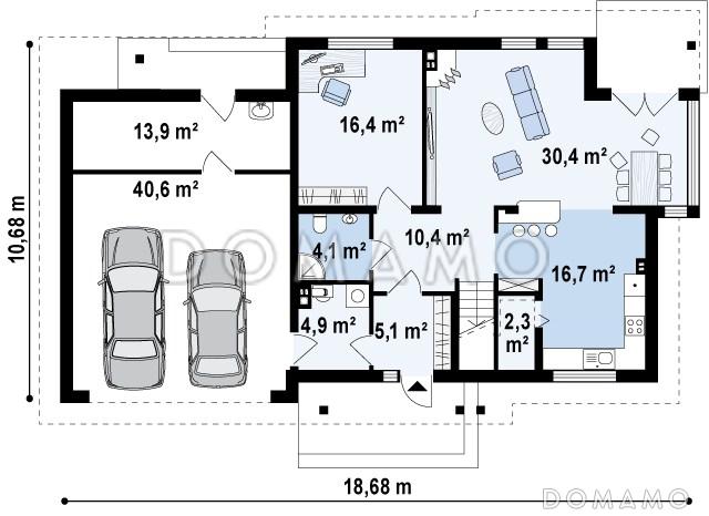 Проект двухэтажного дома из газобетона с эркером и балконом над ним, с тремя спальнями, кабинетом и двухместным гаражом / План 1 этажа