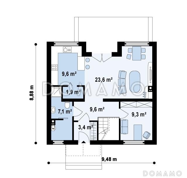 Проект одноэтажного мансардного дома из газобетона с кабинетом и балконом / План 1 этажа