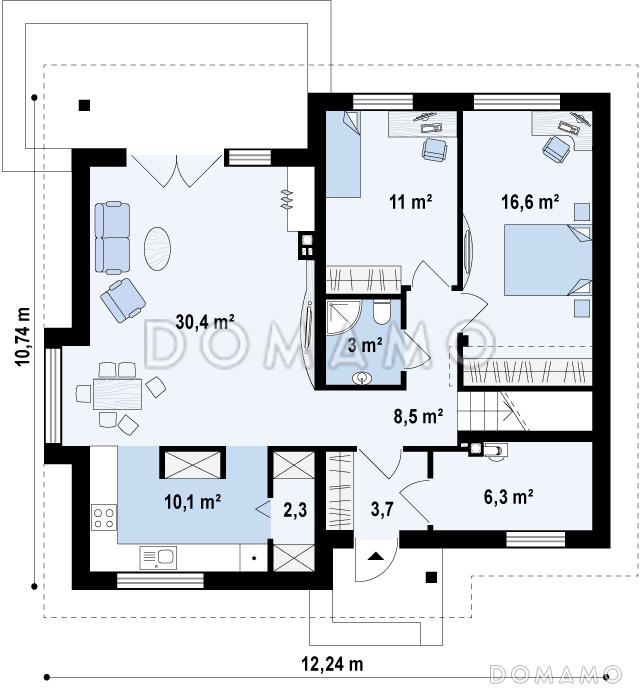 Проект мансардного дома из кирпича с двумя спальнями на первом этаже и двумя на мансарде / План 1 этажа