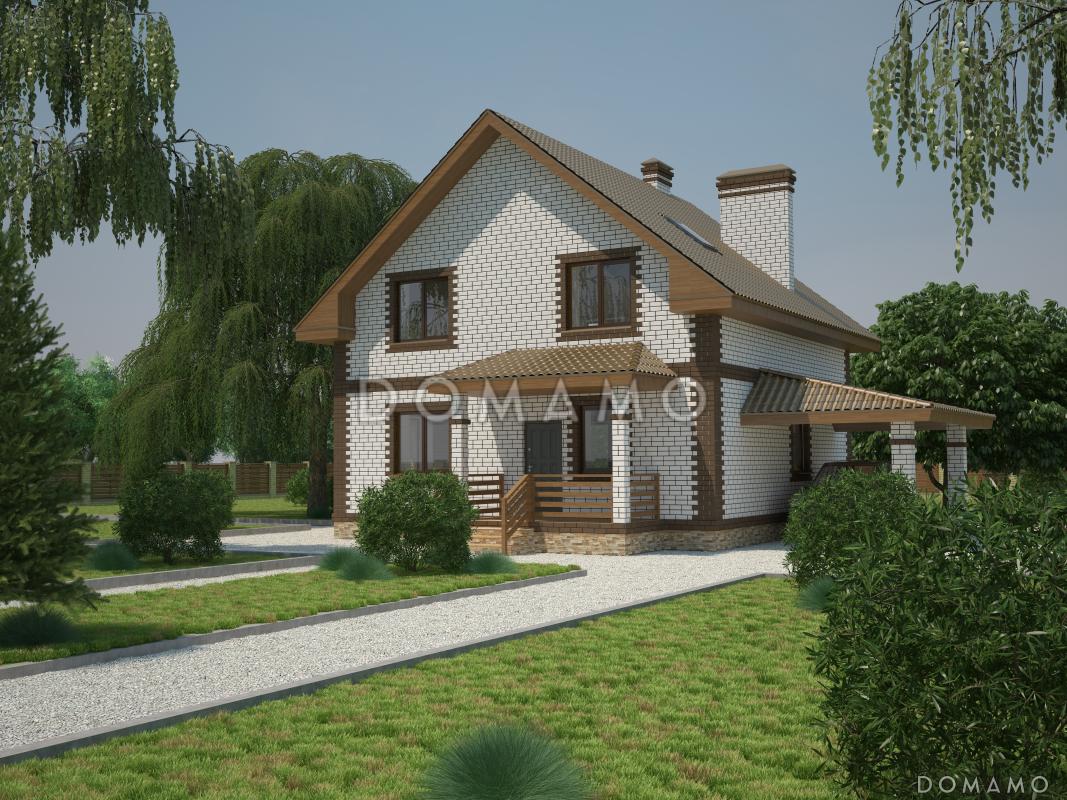 Проект компактного коттеджа с мансардным этажом и навесом под автомобиль, с наличием сауны / 1