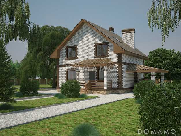 Проект компактного коттеджа с мансардным этажом и навесом под автомобиль, с наличием сауны Проект компактного коттеджа с мансардным этажом и навесом под автомобиль, с наличием сауны