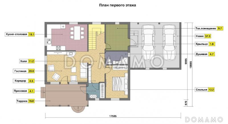 Проект каркасного дома с навесом для двух машин и крытой террасой / План 1 этажа Проект каркасного дома с навесом для двух машин и крытой террасой / План 1 этажа