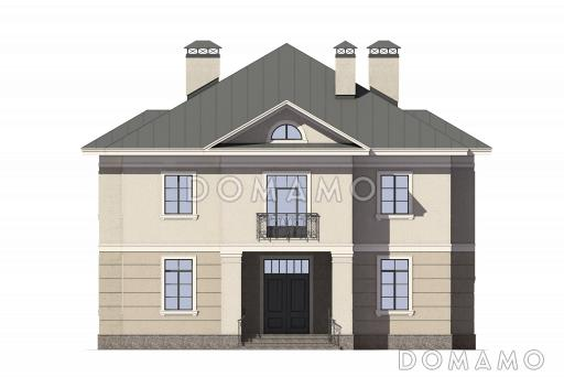 Проект дома с большой гостиной, санузлом, гостевой, хозяйской спальней с балконом / Фасад 1