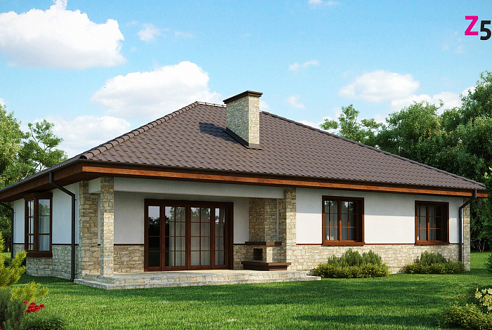 Проект одноэтажного дома из газобетона с мансардой и барбекю на террасе 