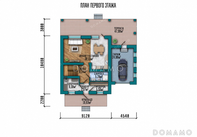 Проект дома с большими спальнями, гаражом и просторной террасой / План 1 этажа