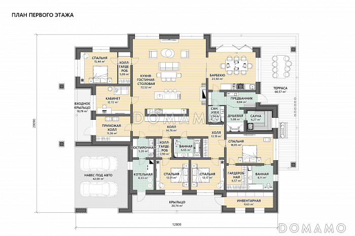 Проект одноэтажного дома с приватным блоком, спа-зоной, навесом для двух автомобилей и террасой с барбекю / План 1 этажа