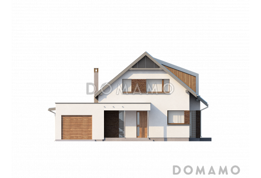 Проект современного одноэтажного мансардного дома из газобетона с тремя комнатами, угловой террасой и гаражом / Фасад 1