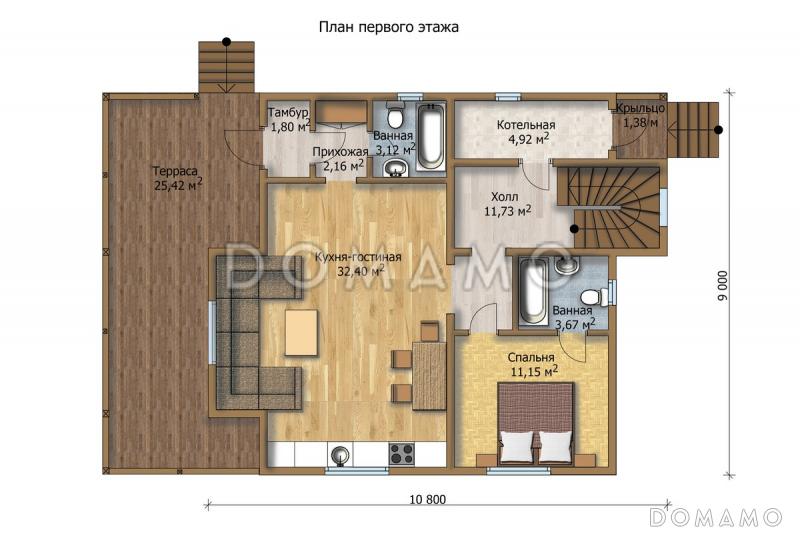 Проект комфортабельного дома с четырьмя просторными спальнями / План 1 этажа