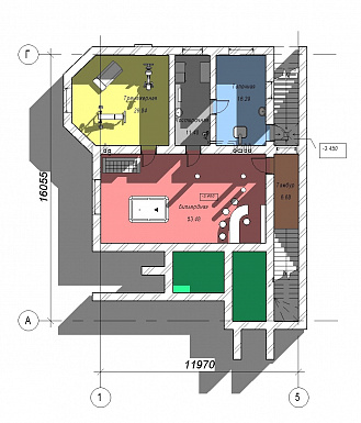 Проект двухэтажного дома с эркером и зимним садом, бильярдной и тренажерным залом на цокольном этаже / План цокольного этажа Проект двухэтажного дома с эркером и зимним садом, бильярдной и тренажерным залом на цокольном этаже / План цокольного этажа