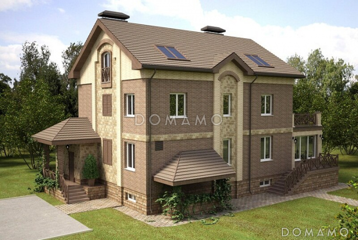 Проект большого кирпичного коттеджа с верандой, сауной и СПА-залом Проект большого кирпичного коттеджа с верандой, сауной и СПА-залом