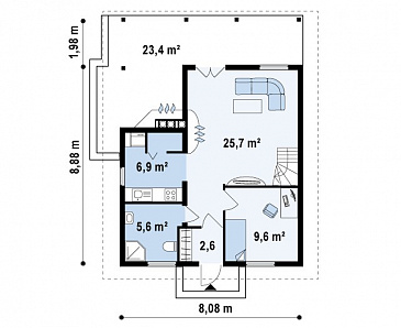 Проект компактного одноэтажного мансардного дома из кирпича с барбекю на крытой террасе / План 1 этажа Проект компактного одноэтажного мансардного дома из кирпича с барбекю на крытой террасе / План 1 этажа