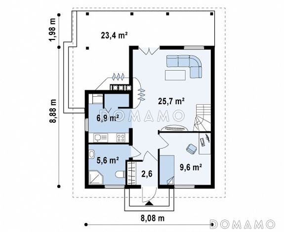 Проект компактного одноэтажного мансардного дома из кирпича с барбекю на крытой террасе / План 1 этажа Проект компактного одноэтажного мансардного дома из кирпича с барбекю на крытой террасе / План 1 этажа