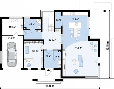 Проект современного двухэтажного дома в стиле хай-тек из газобетона с плоской крышей, гаражом и балконом / План 1 этажа Проект современного двухэтажного дома в стиле хай-тек из газобетона с плоской крышей, гаражом и балконом / План 1 этажа