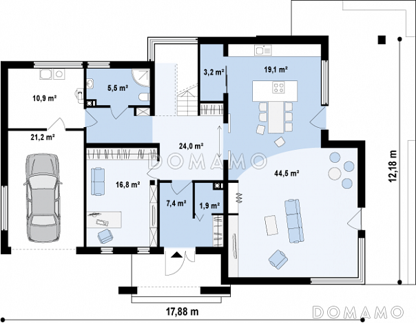 Проект современного двухэтажного дома в стиле хай-тек из газобетона с плоской крышей, гаражом и балконом / План 1 этажа Проект современного двухэтажного дома в стиле хай-тек из газобетона с плоской крышей, гаражом и балконом / План 1 этажа