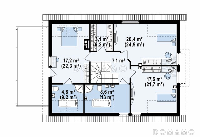 Проект одноэтажного мансардного дома из газобетона с эркером в кухонной зоне, вертикальным мансардным окном и гаражом на два автомобиля / План мансардного этажа
