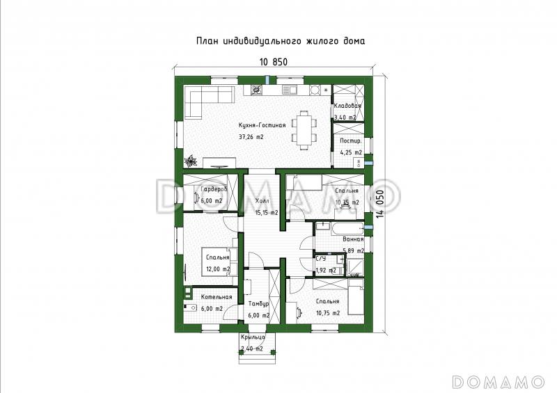 Проект компактного одноэтажного дома из газобетона с 3 спальнями, котельной и постирочной / План 1 этажа