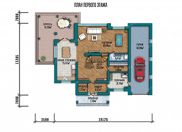Проект двухэтажного дома с мансардой и гаражом / План 1 этажа Проект двухэтажного дома с мансардой и гаражом / План 1 этажа
