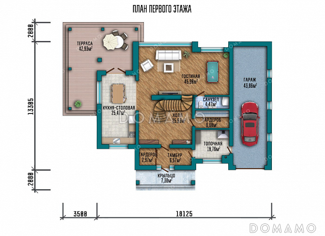 Проект двухэтажного дома с мансардой и гаражом / План 1 этажа Проект двухэтажного дома с мансардой и гаражом / План 1 этажа