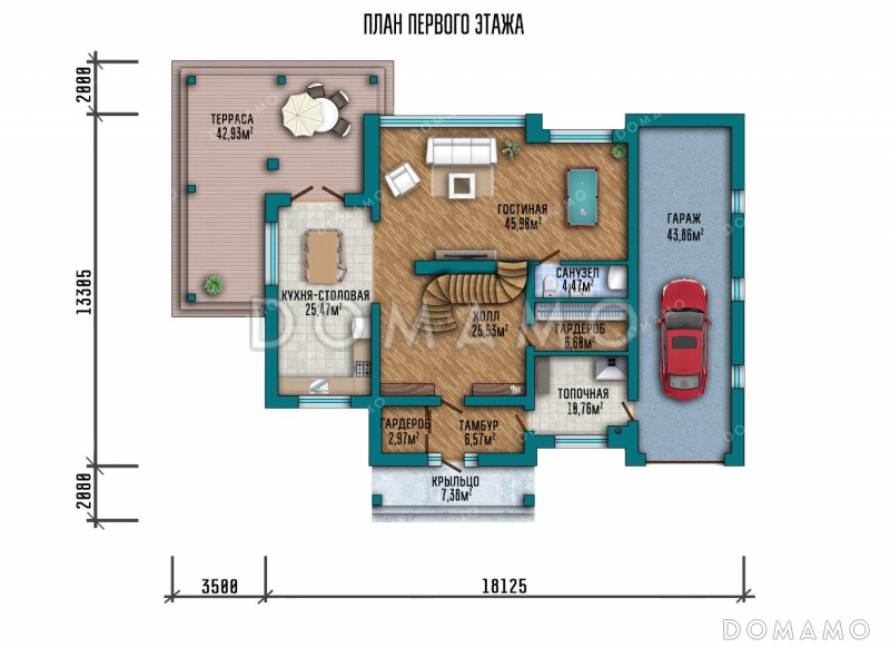 Проект двухэтажного дома с мансардой и гаражом / План 1 этажа