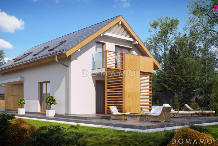 Проект одноэтажного мансардного дома из кирпича с гаражом на два автомобиля для вытянутого участка