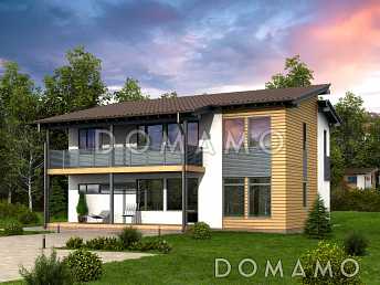 Проект современного каркасного дома с просторным балконом на втором этаже