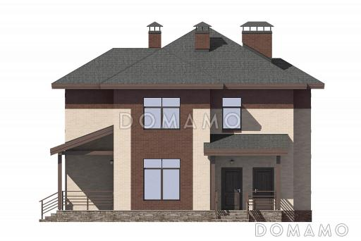 Проект дома с небольшой крытой террасой, эркерами, гостевой на первом этаже, кладовой под лестницей, кабинетом / Фасад 1