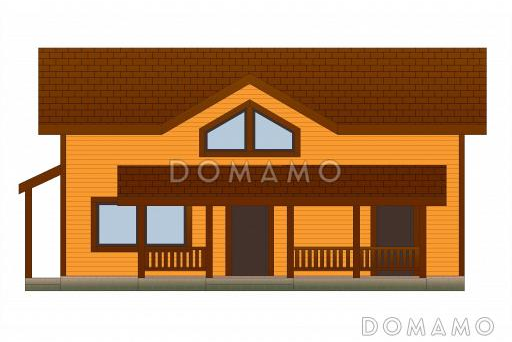 Проект бани из газобетонных блоков с угловой крытой террасой, сараем и мансардным этажом / Фасад 1