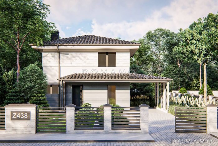 Проект дома с кабинетом, объединенной кухней и гостиной, террасой, спальнями на втором этаже Проект дома с кабинетом, объединенной кухней и гостиной, террасой, спальнями на втором этаже