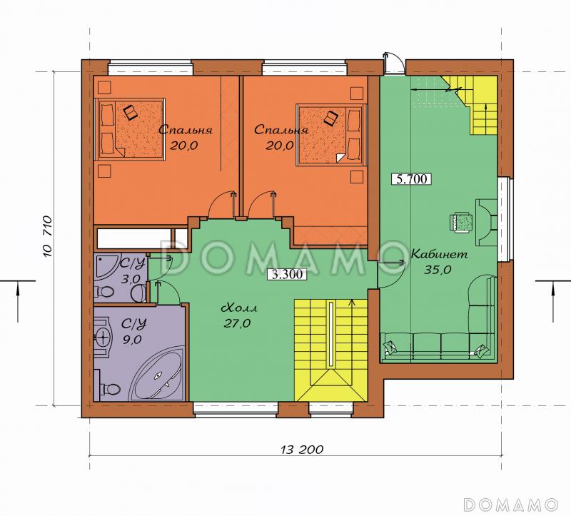 Проект двухэтажного коттеджа с мансардой, цоколем, бассейном и зимним садом / План 2 этажа