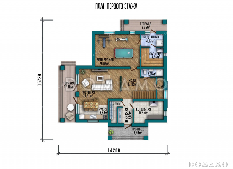 Проект двухэтажного дома с двумя террасами и балконом / План 1 этажа