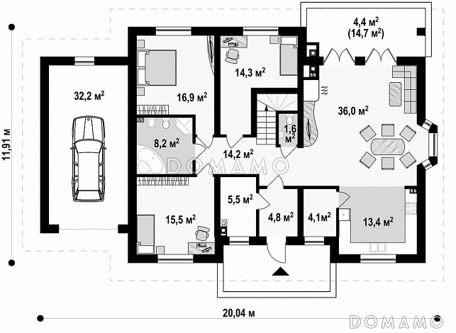 Проект одноэтажного дома из кирпича с мансардой, гаражом и зоной барбекю на террасе / План 1 этажа