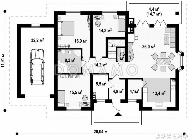 Проект одноэтажного дома из кирпича с мансардой, гаражом и зоной барбекю на террасе / План 1 этажа