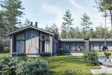 Проект каркасного дома с 3 спальнями, кабинетом, гаражом и навесом для машины