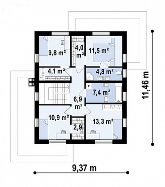 Проект двухэтажного дома с гаражом, входом на кухню из гостиной и прихожей, кладовой, санузлом под лестницей / План 2 этажа
