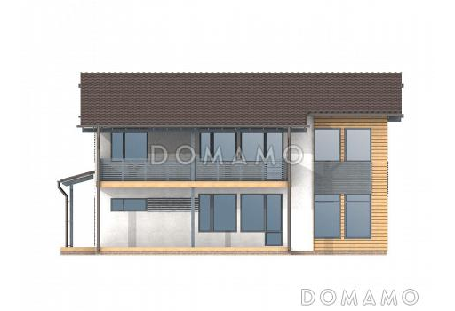 Проект современного каркасного дома с просторным балконом на втором этаже / Фасад 2