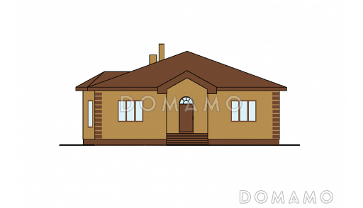 Проект одноэтажного дома с эркером в гостиной, крытой террасой с камином, большой кладовой с окном / Фасад 1