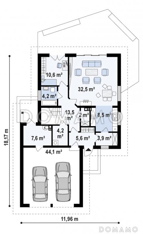 Проект комфортабельного дома с гаражом, постирочной, слуховыми и мансардными окнами в мансарде / План 1 этажа