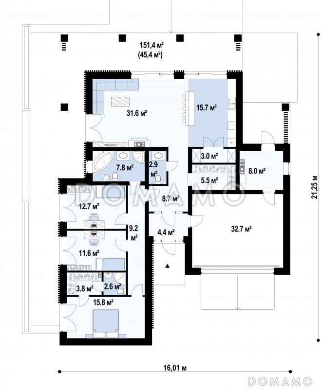 Проект просторного стильного одноэтажного дома из кирпича с тремя спальнями, гаражом и крытой террасой / План 1 этажа
