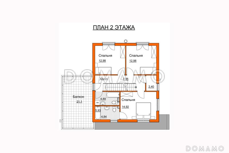 Проект современного дома с гаражом на одну машину, открытой террасой, просторной гостиной, широким балконом над гаражом / План 2 этажа