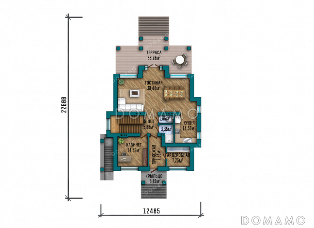 Проект большого двухэтажного дома в стиле Райт с подвалом, большой крытой террасой и балконом на втором этаже / План 1 этажа Проект большого двухэтажного дома в стиле Райт с подвалом, большой крытой террасой и балконом на втором этаже / План 1 этажа