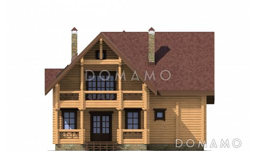 Проект дома из дерева с просторной верандой, четырьмя просторными спальными комнатами / Фасад 1